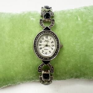Boca Classics silver tone and black enamel women's wristwatch